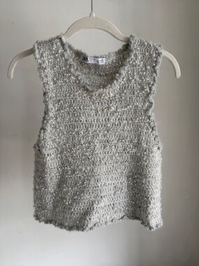 Zara Cream Pearl-Accent Textured Knit Tank